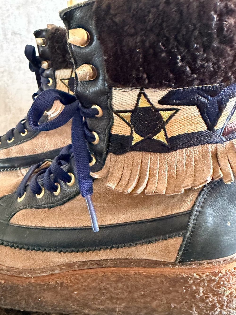 Women’s Brown Suede Winter Fringe Ankle Boots with Navy Accents